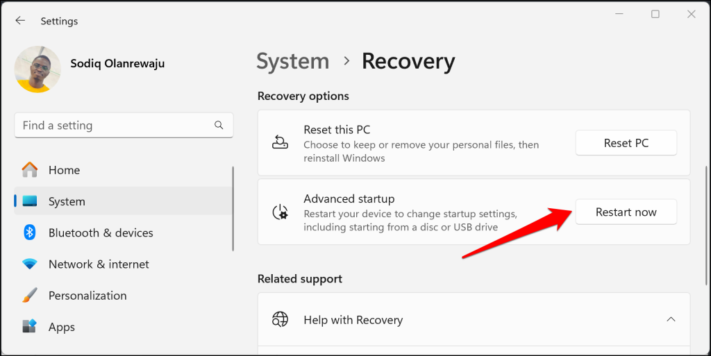 Advanced startup "Restart now" option in Windows 11