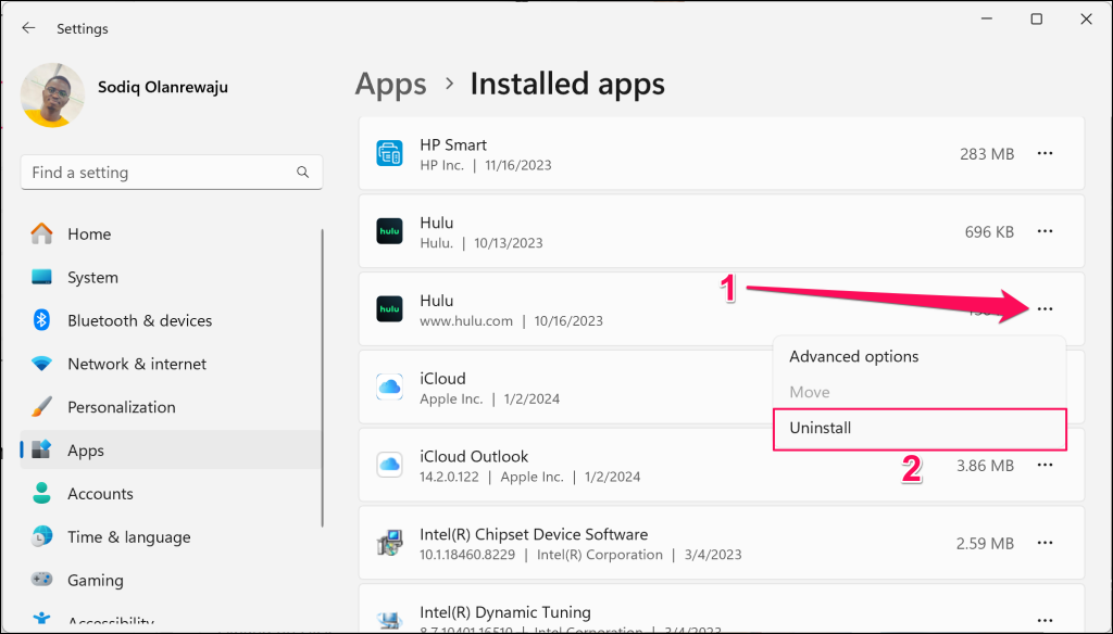 "Uninstall" option highlighted in Windows app settings menu