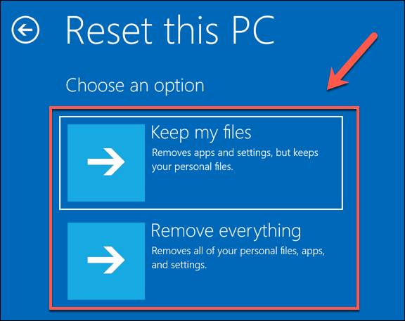 screenshot of option to keep files or remove everything during windows 10 reset