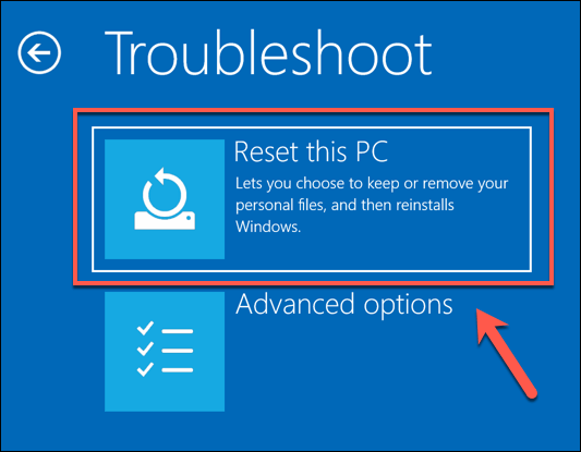 screenshot of reset this PC during bootup
