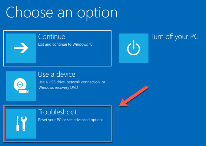 screenshot of windows 10 troubleshoot reboot option