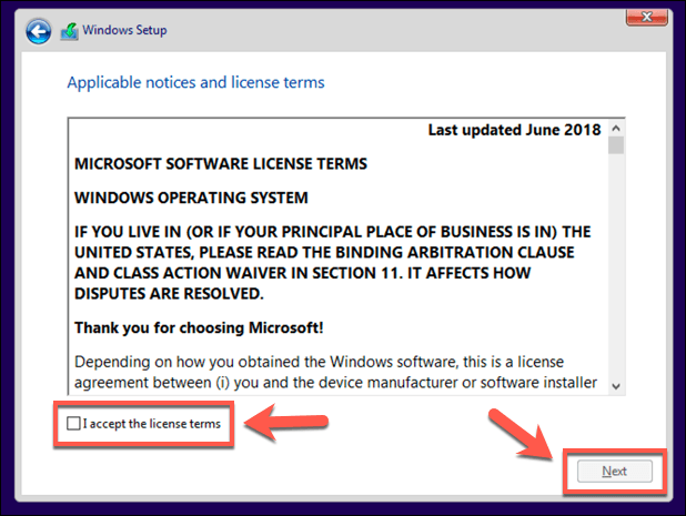 screenshot of windows installation license acceptance