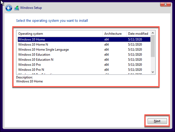 screenshot of windows installation version selection