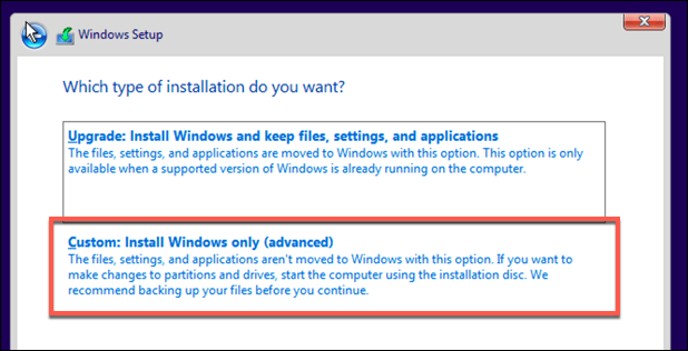 screenshot of windows 10 installation setup type