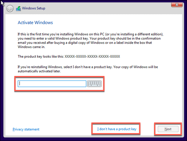 screenshot of windows 10 install activiation screen