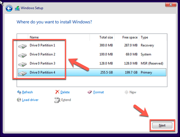 screenshot of windows 10 installation partition selection