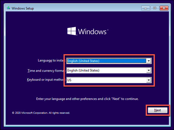 screenshot of windows 10 installation language selection